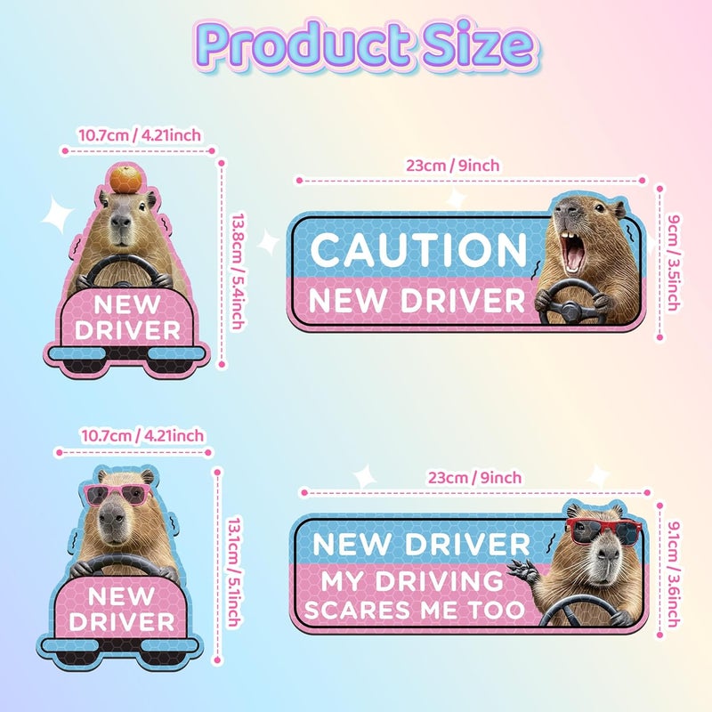 CNhoqc New Student Driver Magnet - 4pcs Cute Capybaras Please Be Patient Student Novice Driver Magnetic Reflective Bumper Sticker Safety Attention Signs Reusable Movable Car Magnet Safety Warning - Image 2